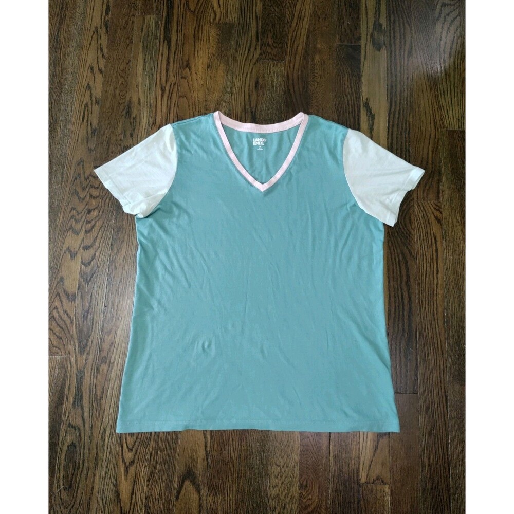 Lands End Womens Short Sleeve V-Neck T Shirt Size M Aqua Green Pink 100% Cotton